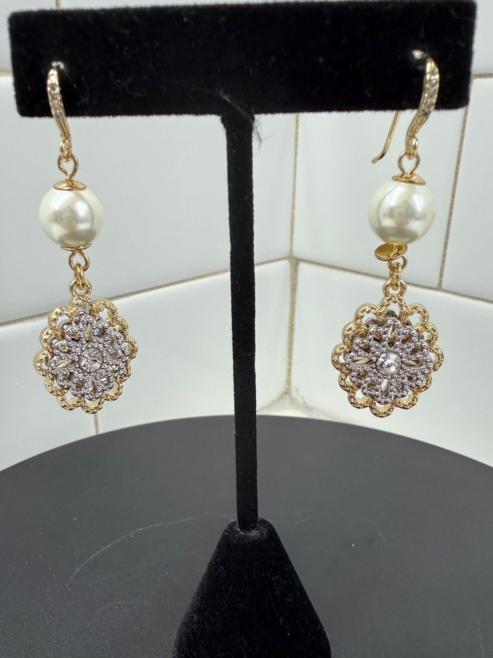 Gold & Silver Tone Faux Pearl Drop Earrings with Crystal Floral Medallions